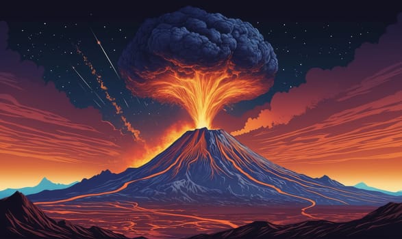 A volcano is erupting, spewing lava and ash into the air. The sky is dark with stars and streaks of light from shooting stars. The volcano's slopes are covered in red-hot lava flows.