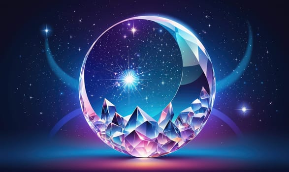 The image shows a large, sparkling sphere made of crystal that appears to hold a night sky inside. The sphere is faceted and has a bright, clear surface