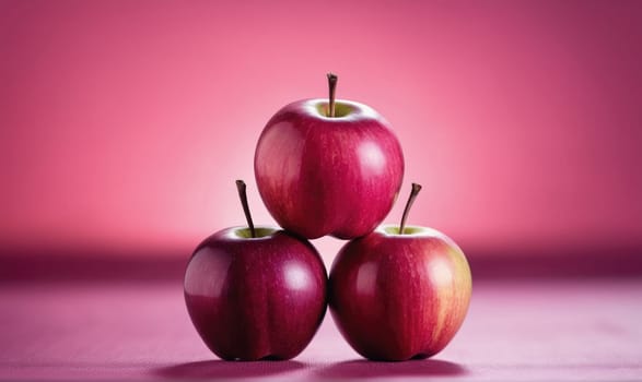 Three red apples are stacked on top of each other, with the largest apple on top and two smaller apples on the bottom. The apples are on a pink surface, and the background is also pink.