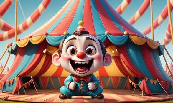 A cartoon clown with a red nose and a big smile is standing in front of a large circus tent. The clown is wearing a blue and red outfit and a red bowtie