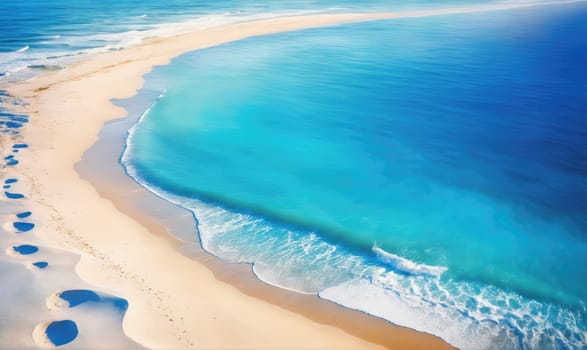 The image shows a long stretch of white sand beach bordered by clear, turquoise blue water. The water is calm and gently lapping at the shore, creating a white foamy line