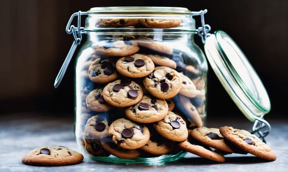 A full glass jar with a metal latch lid holds a large quantity of chocolate chip cookies. The lid is slightly ajar and a few cookies have spilled out, resting on a dark countertop.