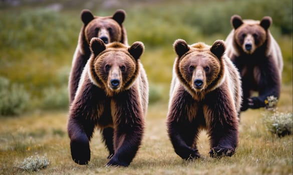 A group of four brown bears walks through tall grass in a forest.
