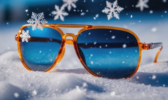 Sunglasses with blue lenses lay on a bed of freshly fallen snow. Snowflakes are falling on the glasses and in the background.
