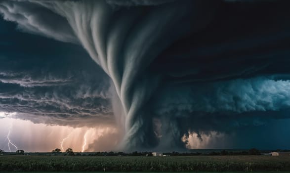 A large, dark, rotating cloud formation, a tornado, descends towards a grassy field. Lightning strikes illuminate the storm clouds above.