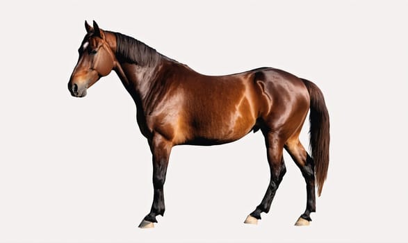 A brown horse with a black mane and tail stands against a white background. The horse is looking to the left and its legs are straight.