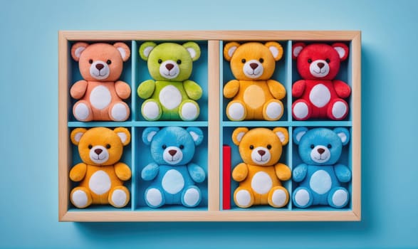 red, green, orange, yellow, blue. A red object stands between the fifth and sixth compartments.