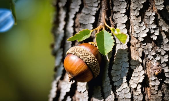 A single acorn is attached to the bark of a tree trunk. It is brown and has a small green stem extending from its base. There are a few green leaves growing next to the acorn
