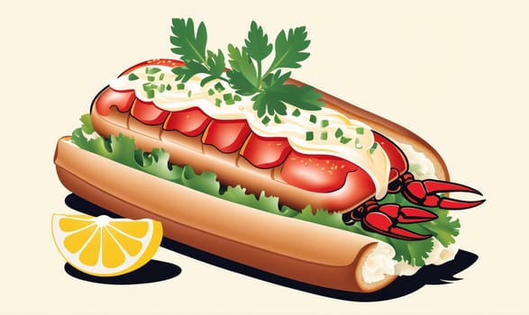 A close-up image of a lobster roll on a white background. The roll is filled with lobster meat, mayonnaise, and lettuce. There is a slice of lemon on the side.