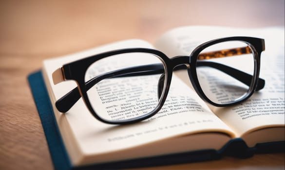 A pair of black eyeglasses lies on an open book, the glasses reflecting the words on the pages. The book is closed, and only a few pages are visible.