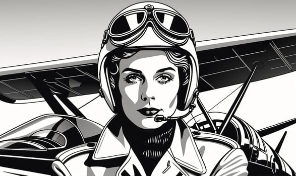 A black and white illustration of a woman wearing a pilot's helmet and goggles, sitting in the cockpit of an airplane. The image is drawn in a stylized, vintage style.
