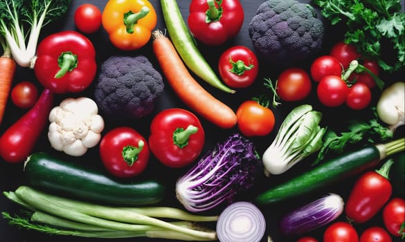 A flat lay of fresh vegetables, including red peppers, yellow peppers, cauliflower, tomatoes, zucchini, carrots, red onions, and leafy greens.