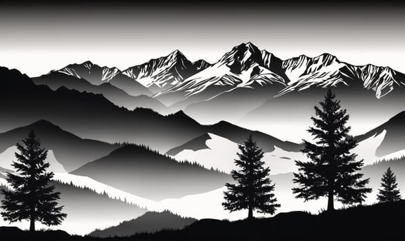 A black and white image of a mountain range, with snow on the peaks. The mountains are in the distance and a few pine trees are in the foreground