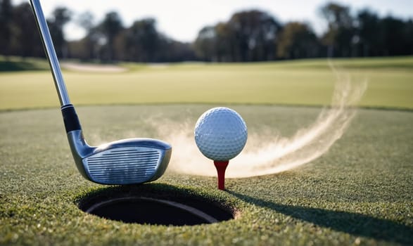 A golf club is in the air above a golf ball resting on a tee. The club has just hit the ball, sending a spray of green grass into the air behind it. A golf hole is in the foreground.