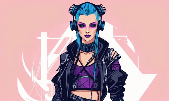 A woman with blue hair, wearing a black leather jacket, headphones, and bright purple makeup, stares intently at the viewer. The background is a soft pink and white geometric design.