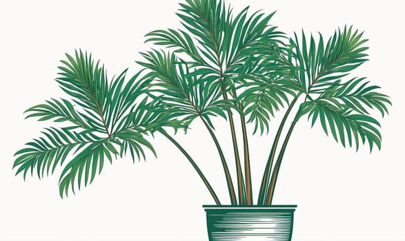 A single potted palm tree with multiple fronds, isolated on a white background. The palm tree has a thick, brown trunk and long, narrow leaves that are a vibrant green