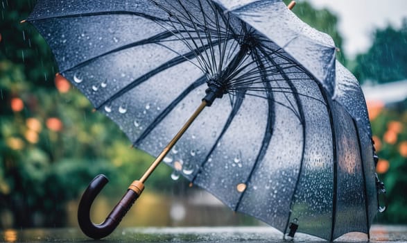 A dark umbrella lies open on a wet sidewalk. Raindrops are falling on the umbrella and the ground. The umbrella has a wooden handle and a curved, black handle