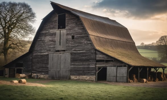 An old barn with a straw roof sits on a grassy field. Hay bales are scattered in front of the barn. A large, bare-branched tree stands in the foreground, with rolling hills in the background.