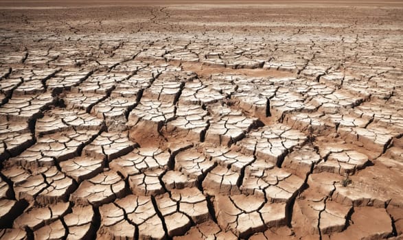 The image shows a vast expanse of cracked earth, the result of a severe drought. The ground is covered in a network of deep fissures, with the dry, brown clay exposed