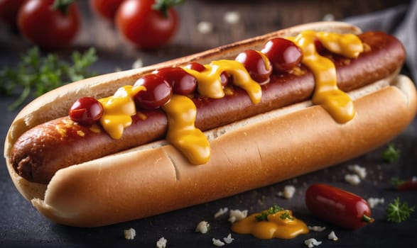 A hot dog is displayed on a dark surface. The hot dog is topped with yellow mustard and red ketchup and sits inside a soft, white bun.