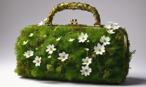 A handbag with a gold handle is completely covered in green moss and small white flowers. The handbag is sitting on a plain white surface.