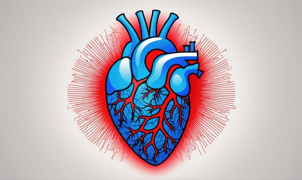 A stylized heart with blue coloring and red veins is set against a white background with a red burst of lines surrounding it.