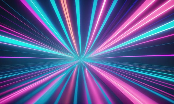 A digital art image featuring a series of straight, colorful neon lines that appear to converge towards a vanishing point in the distance