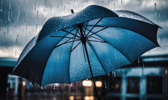 A blue umbrella with water droplets on it stands in front of a blurry background of a city during a rainstorm.
