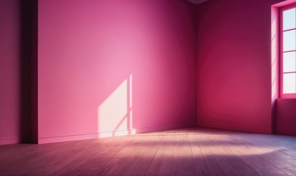 A pink room with a single window, sunlight streams through the window and casts a shadow on the wall. The room has a wooden floor.