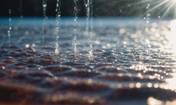 Raindrops fall from above and splash into a still body of water. Sunlight reflects off the surface of the water, creating a shimmering effect.