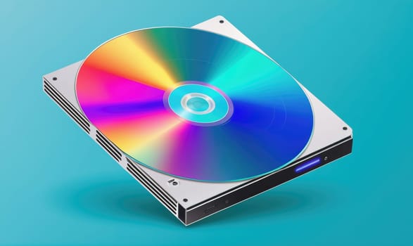 A colorful DVD is in a white drive that is slightly tilted. The background is a bright blue.