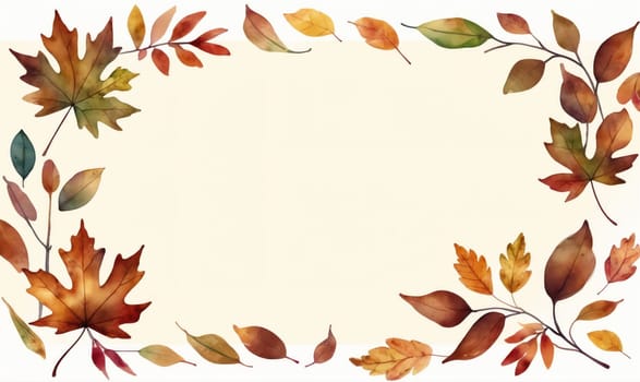 Watercolor painting of fall leaves forming a frame around a blank space. The leaves are in shades of red, orange, yellow, and green. The background is a pale yellow.