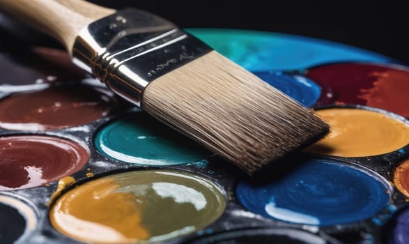 A paintbrush with a wooden handle and silver ferrule lies on a black paint palette. The palette contains a variety of watercolors, including brown, green, blue, and yellow.