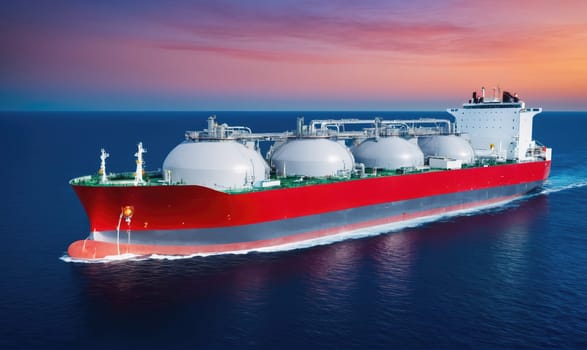 A red cargo ship sails on a body of water. It has multiple white storage tanks on the deck. The sky is a vibrant orange, purple, and pink.