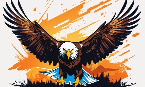 A digital illustration of a bald eagle with its wings fully extended, flying over a scene with an orange sky and green trees.
