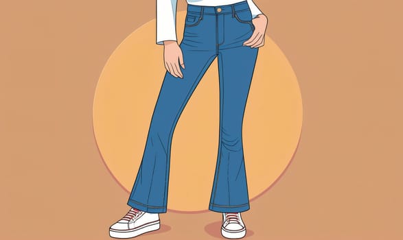 A woman in blue bell-bottom jeans and white shoes stands in front of a light brown background.