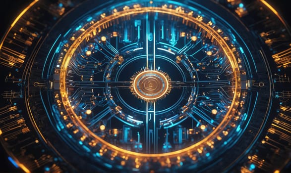 A circular, futuristic, abstract design composed of a network of overlapping, metallic lines. The lines are illuminated by glowing blue and gold light, creating a mesmerizing pattern.
