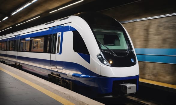 A white and blue train with a digital display showing the number 2.00 873 moves along the tracks of a subway station. The train is moving quickly, and there is a blur of motion in the background.
