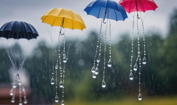 Four colorful umbrellas are hanging in the air, suspended by strings of raindrops. The umbrellas are blue, red, yellow, and black. The background is a blurred out view of a green field and a grey sky.