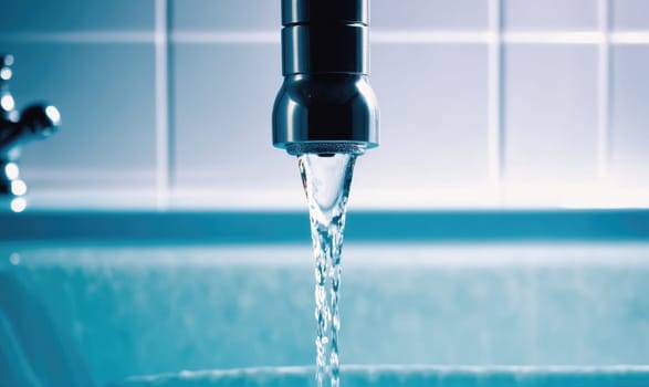 Water flows from a silver faucet into a blue sink. The sink and faucet are in a bathroom.