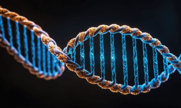 A digital rendering of a DNA helix, a double-stranded structure composed of nucleotides, revealing the intricate patterns of genetic code.