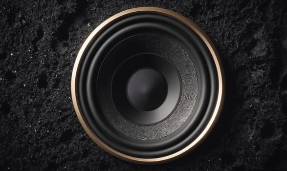 A black speaker driver with a gold rim rests on a textured black surface. The driver is positioned in the center of the image and is in focus.