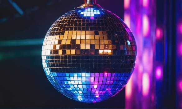 A disco ball hangs in a darkened room, illuminating the walls with a swirling pattern of purple and blue light.