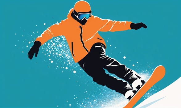 A snowboarder wearing an orange jacket and goggles is mid-air, carving down a snow-covered slope