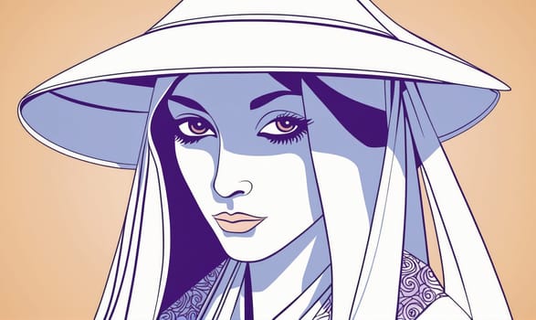 A close-up illustration of a woman wearing a large white hat with a wide brim. She is looking directly at the viewer, and her hair is flowing down her shoulders