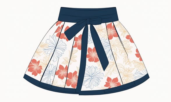 A white skirt with a navy blue waistband and bow. The skirt is printed with red and white flowers and has a navy blue trim.