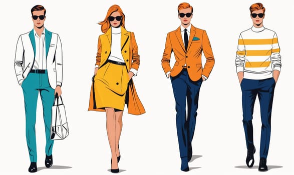 Four people are walking in a line. The first person, a man, is wearing a white blazer, a teal shirt, and matching teal pants