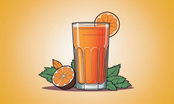 A glass of orange juice stands on a yellow background. The juice is a bright orange color and is topped with a slice of orange. There are leaves on either side of the glass.