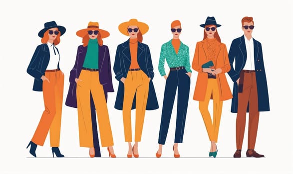 Six people, five women and one man, are standing in a row. They are all wearing stylish clothing and accessories, including hats, sunglasses, and coats