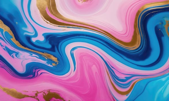 Abstract painting with swirling patterns of pink, blue, and gold paint.